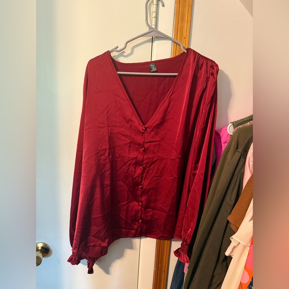 Women's Red V-Neck Button-Up Top